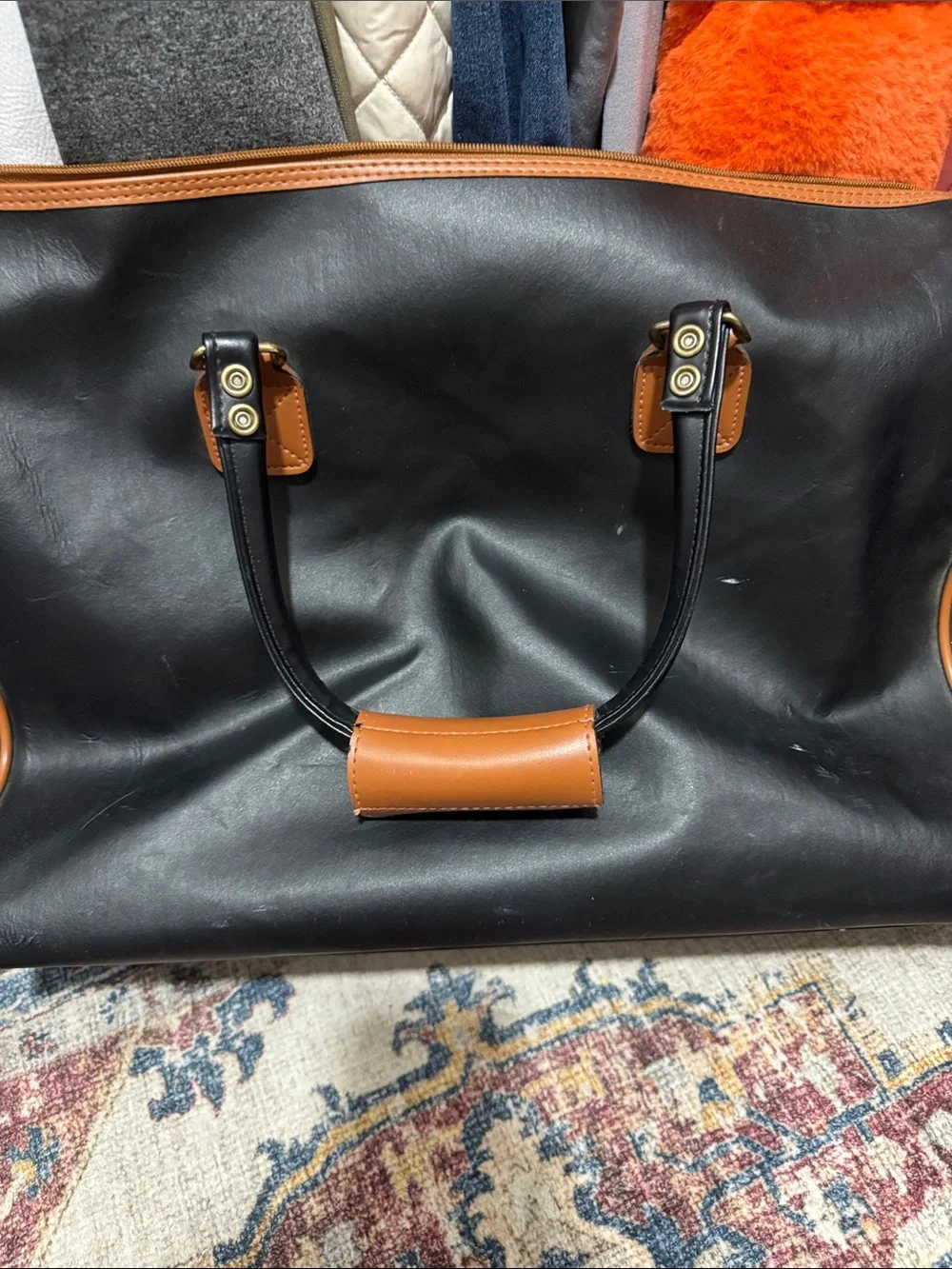 Vintage inspired Black and Brown Leather-Trim Travel Tote